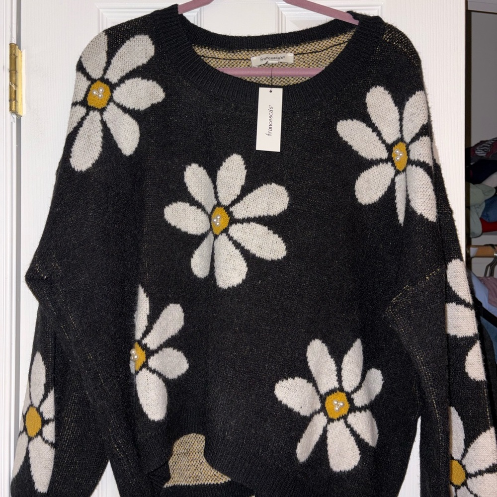 Francesca's Collection Black Sweater with White and Yellow Floral Design